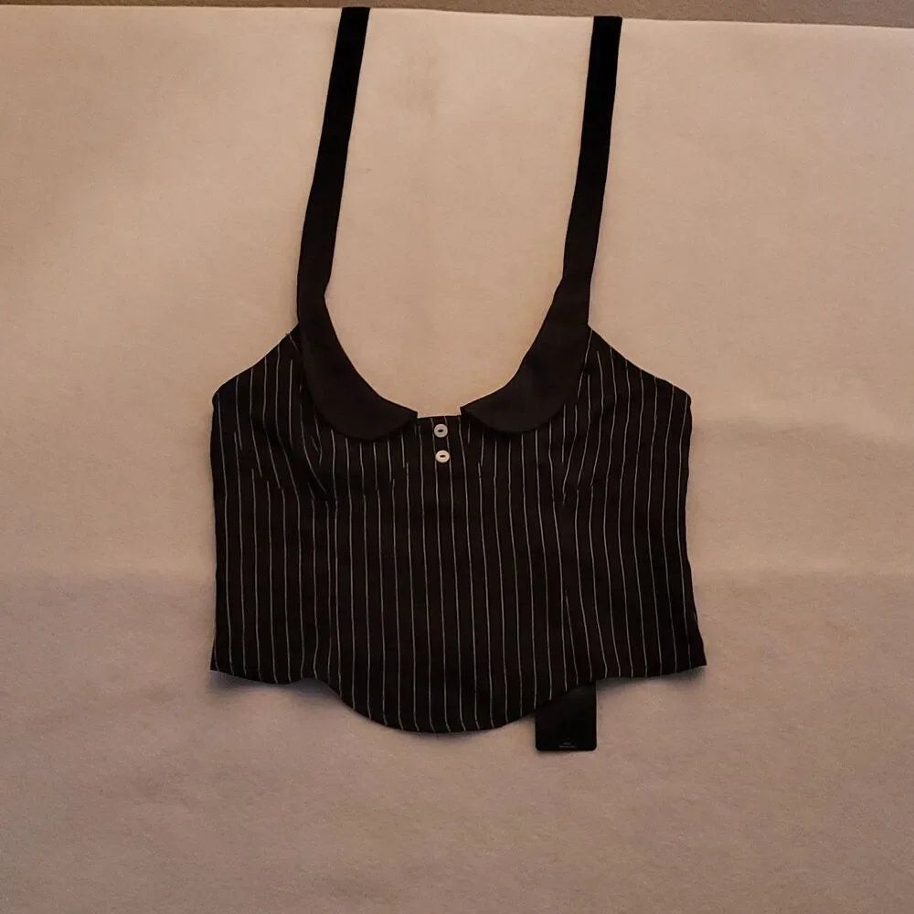 NWT TypaGal Pinstripe Halter Corset Top Peter Pan Collar Size Large Goth Chic - Picture 3 of 7